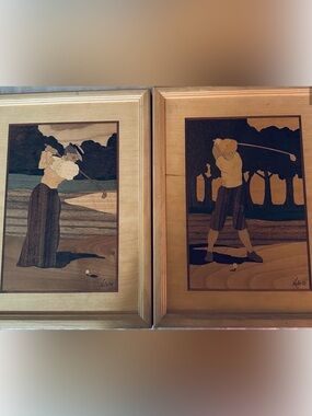 Hudson River Inlay. Vintage Art Golfer Marquetry Wall Art - Brown and Tan